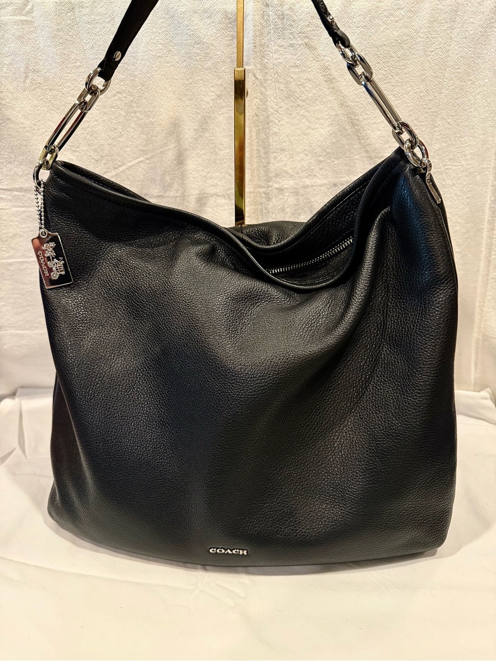 Coach Madison Black Pebbled Leather Shoulder Hobo with Chain-Link Strap